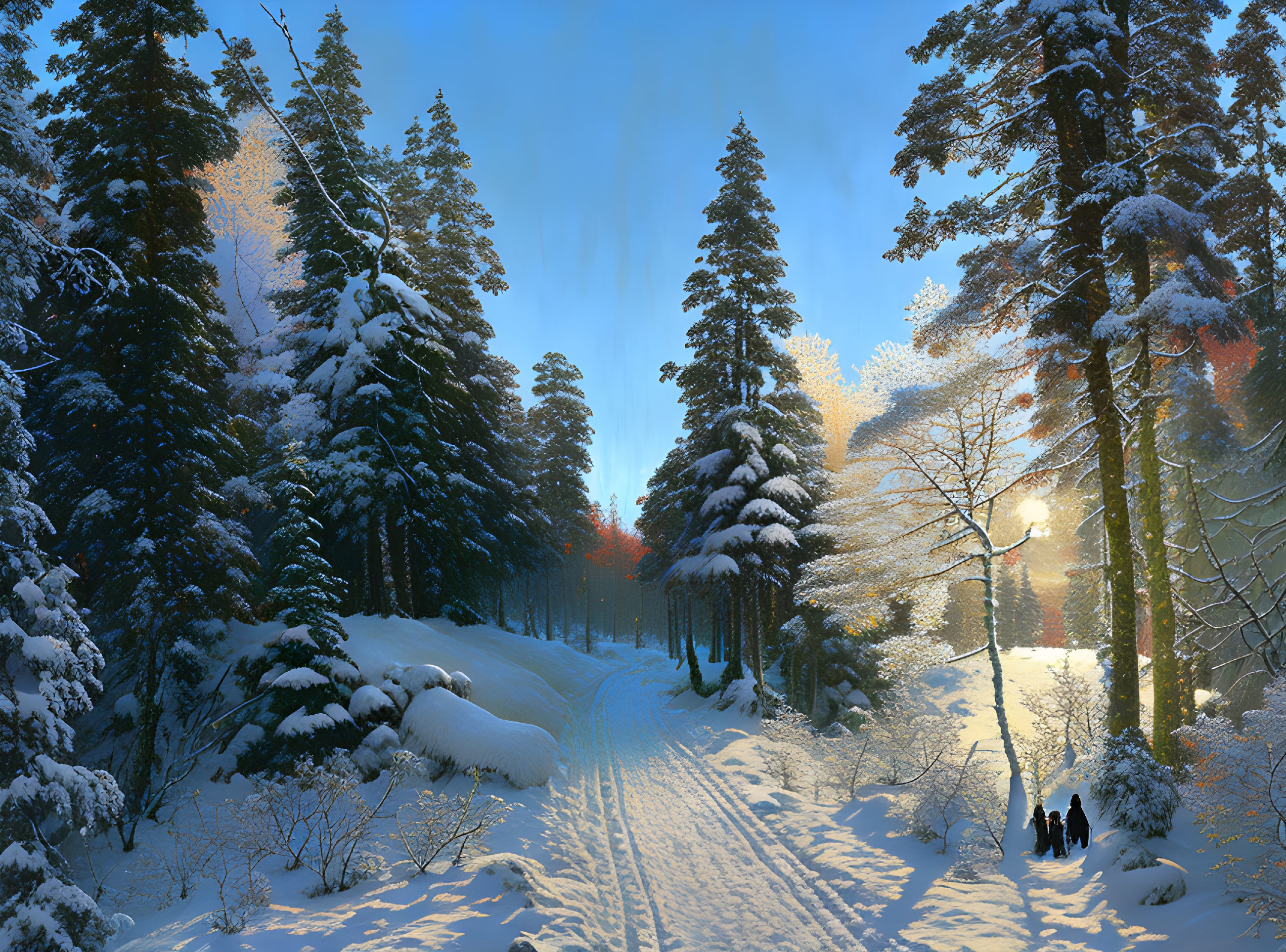 Snowy Landscape: Evergreen Trees, Trail, Sunlit Woods