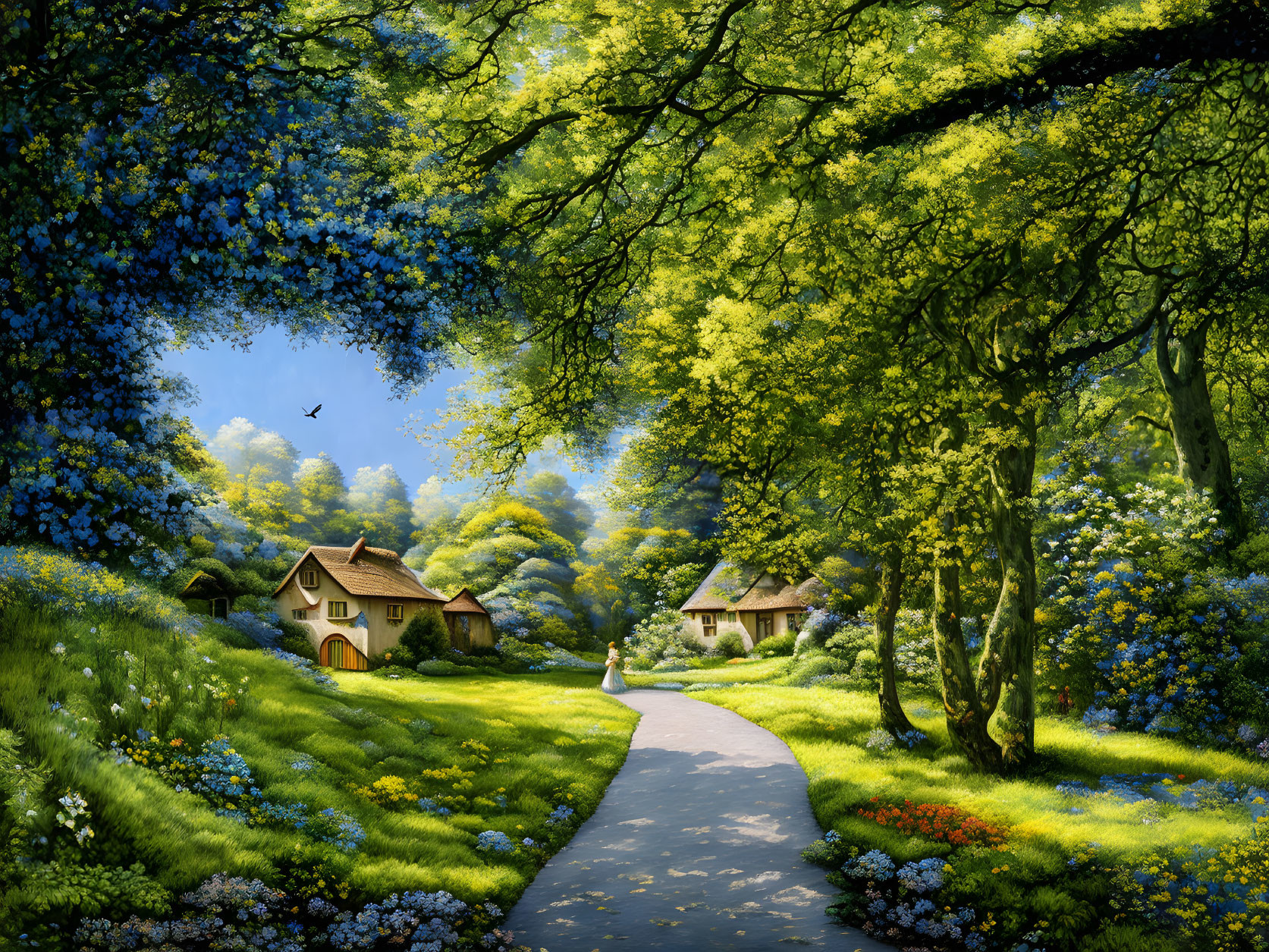 Idyllic countryside scene with cobblestone path, cottages, lush greenery, blooming