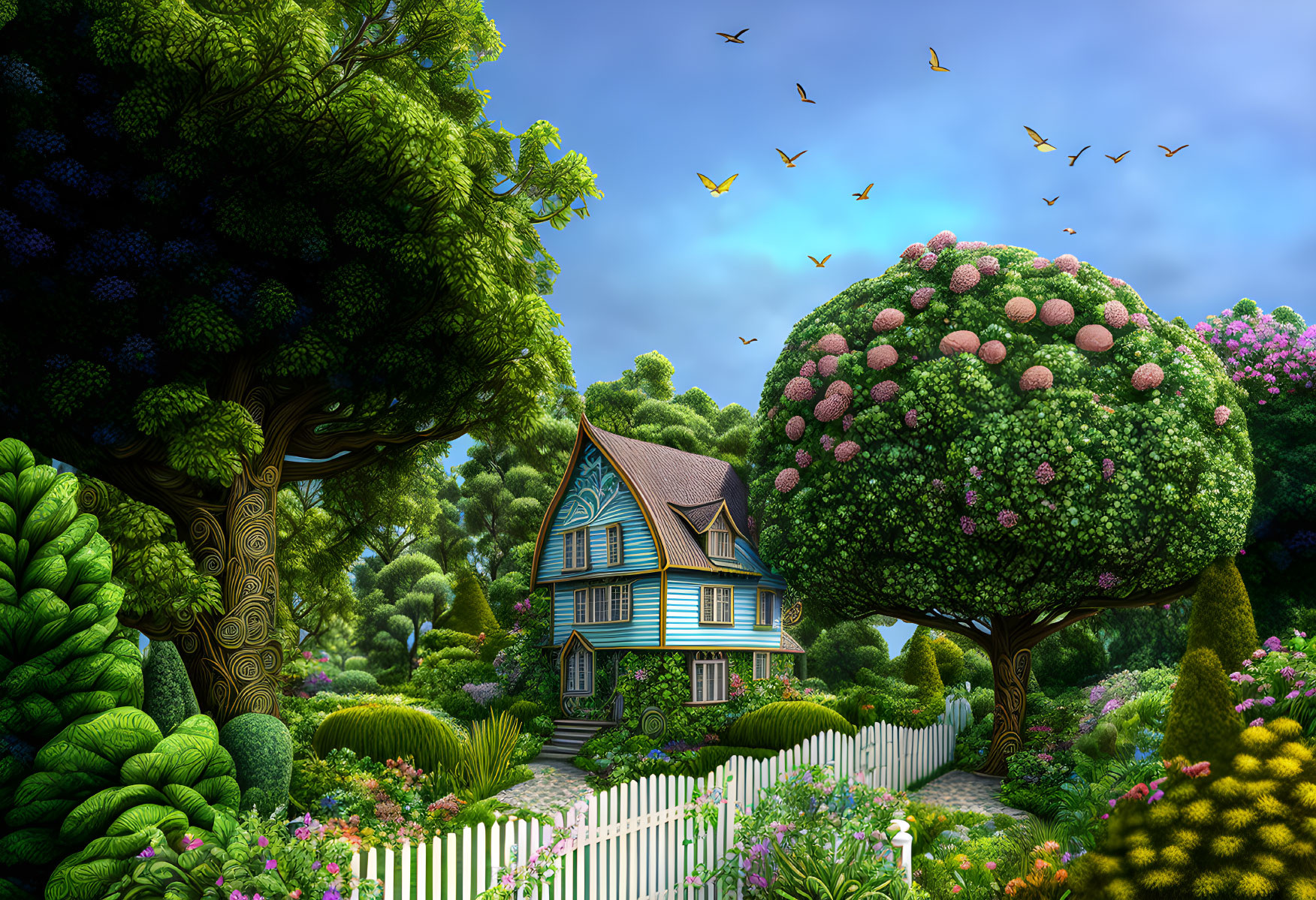 Whimsical cottage in lush gardens with fantastical trees