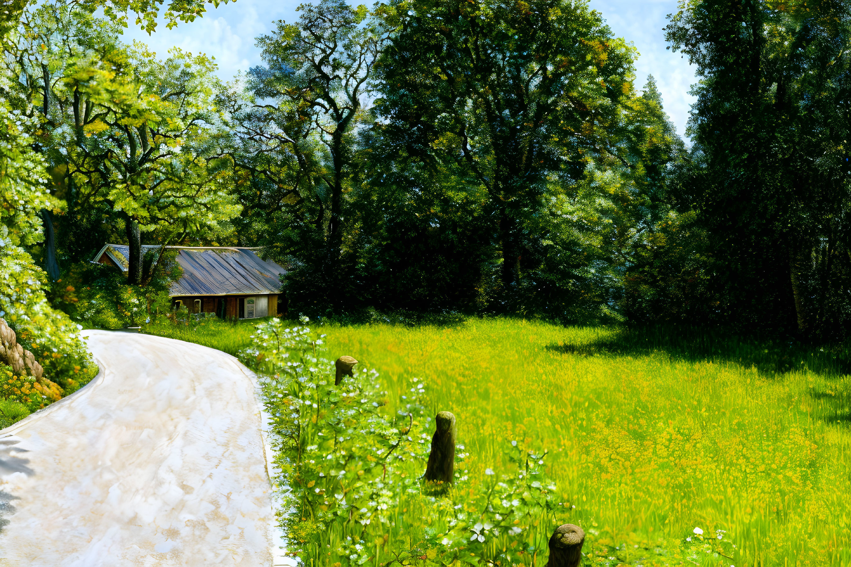 Wooden cabin in lush forest with sunlight filtering through, meadow and dirt path.