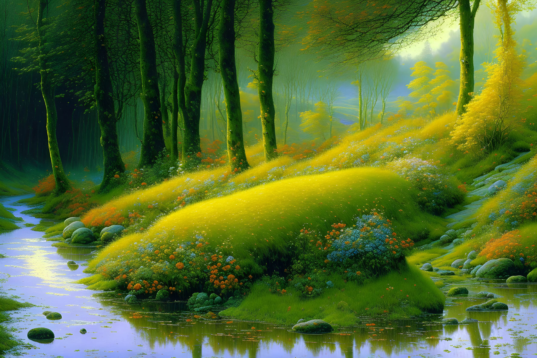 Tranquil forest landscape with stream, green trees, and colorful flora