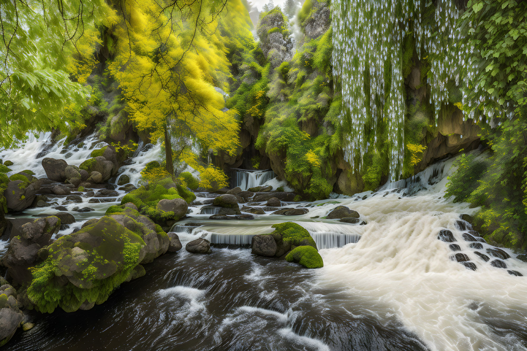 Serene forest scene with moss-covered rocks and waterfall