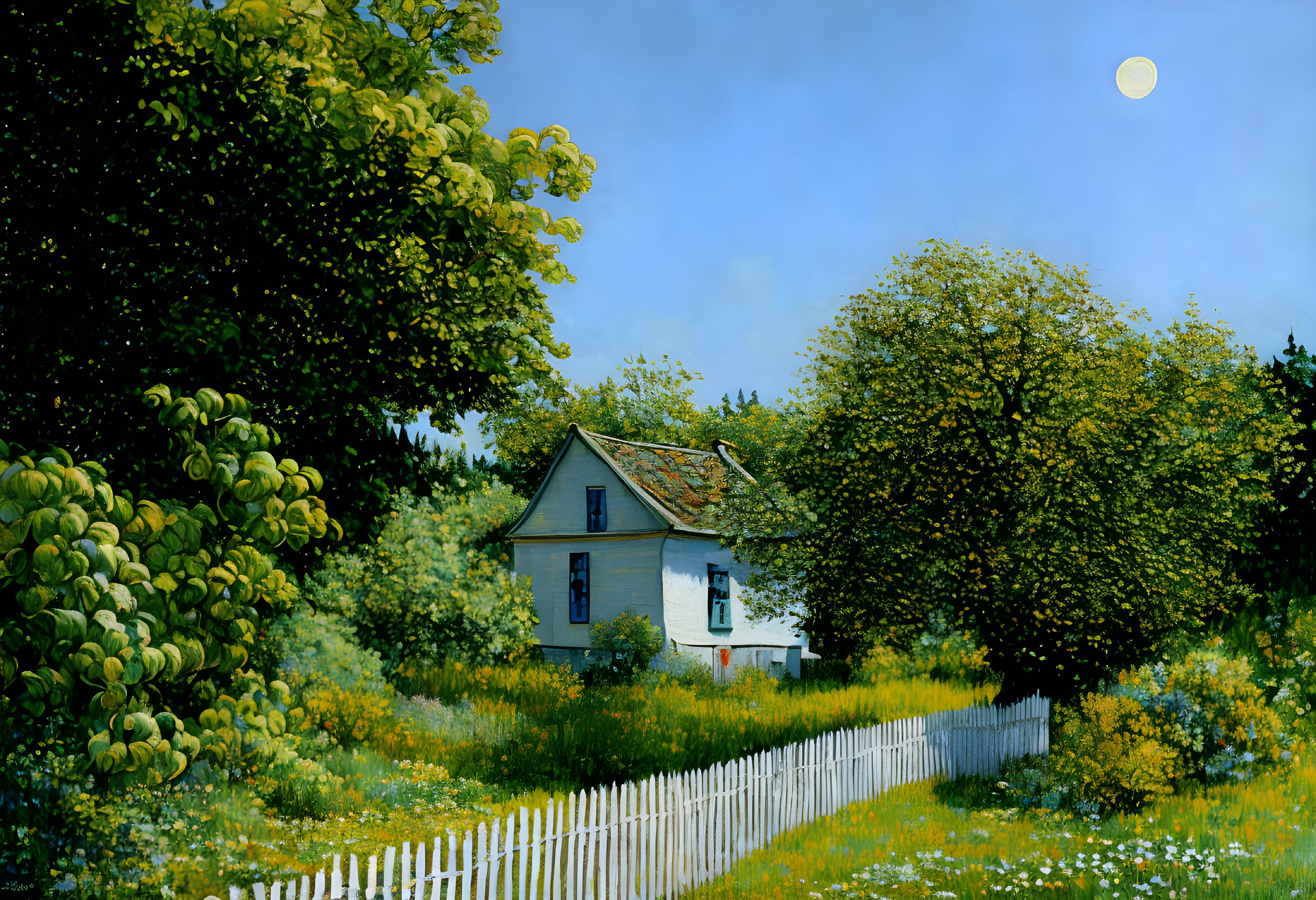 Tranquil painting of quaint house with picket fence in lush greenery