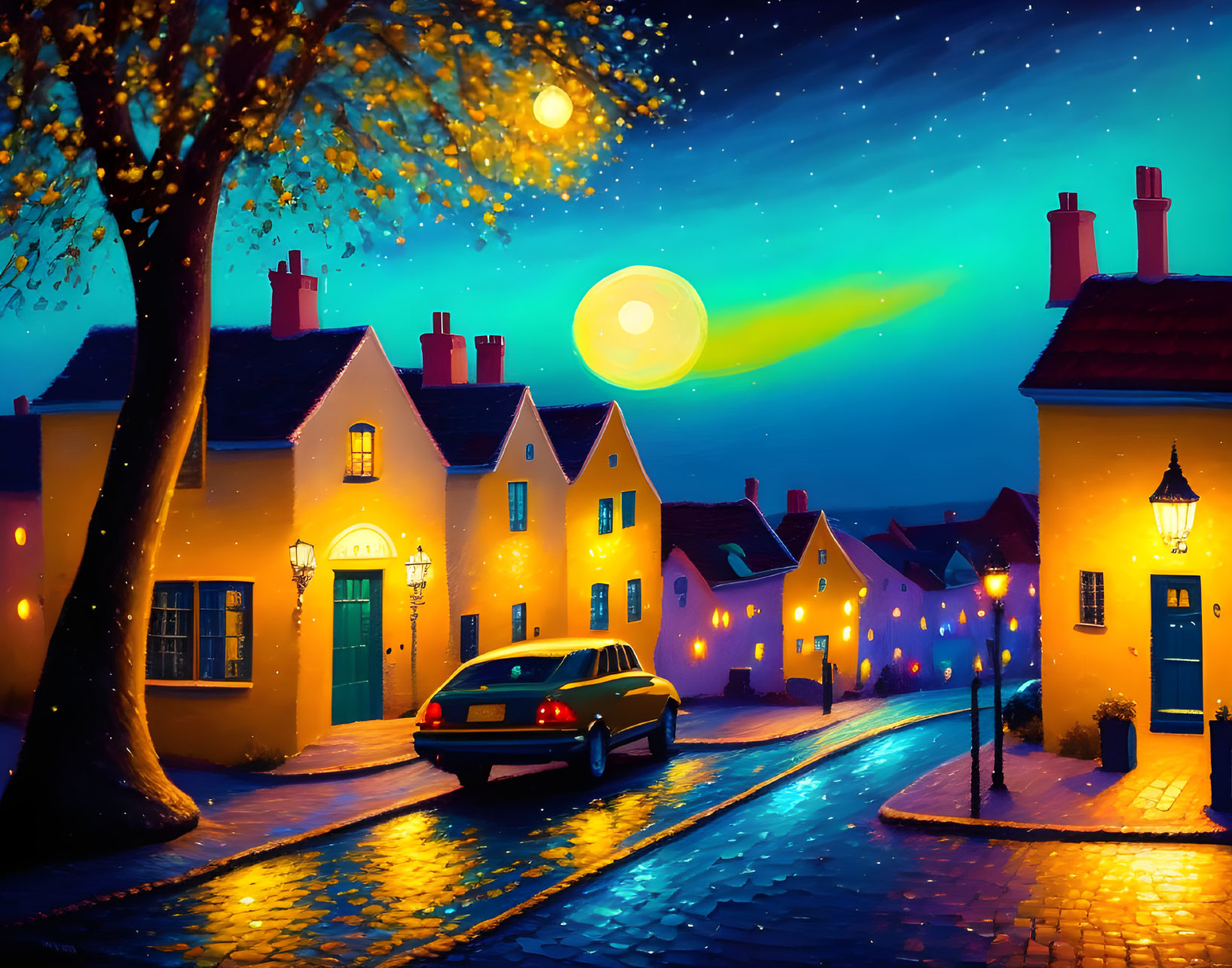 Luminous night scene in quaint village with starry sky, glowing comet, car on cobble