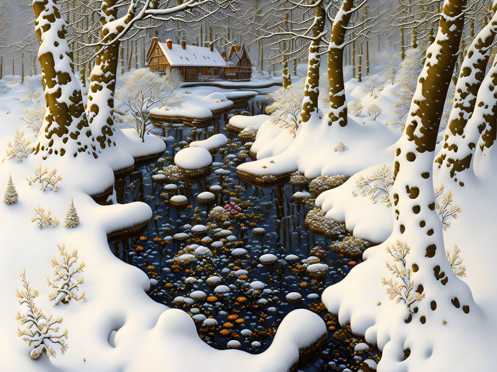 Snow-covered forest with frozen stream, icy stones, trees, and cozy cottage.