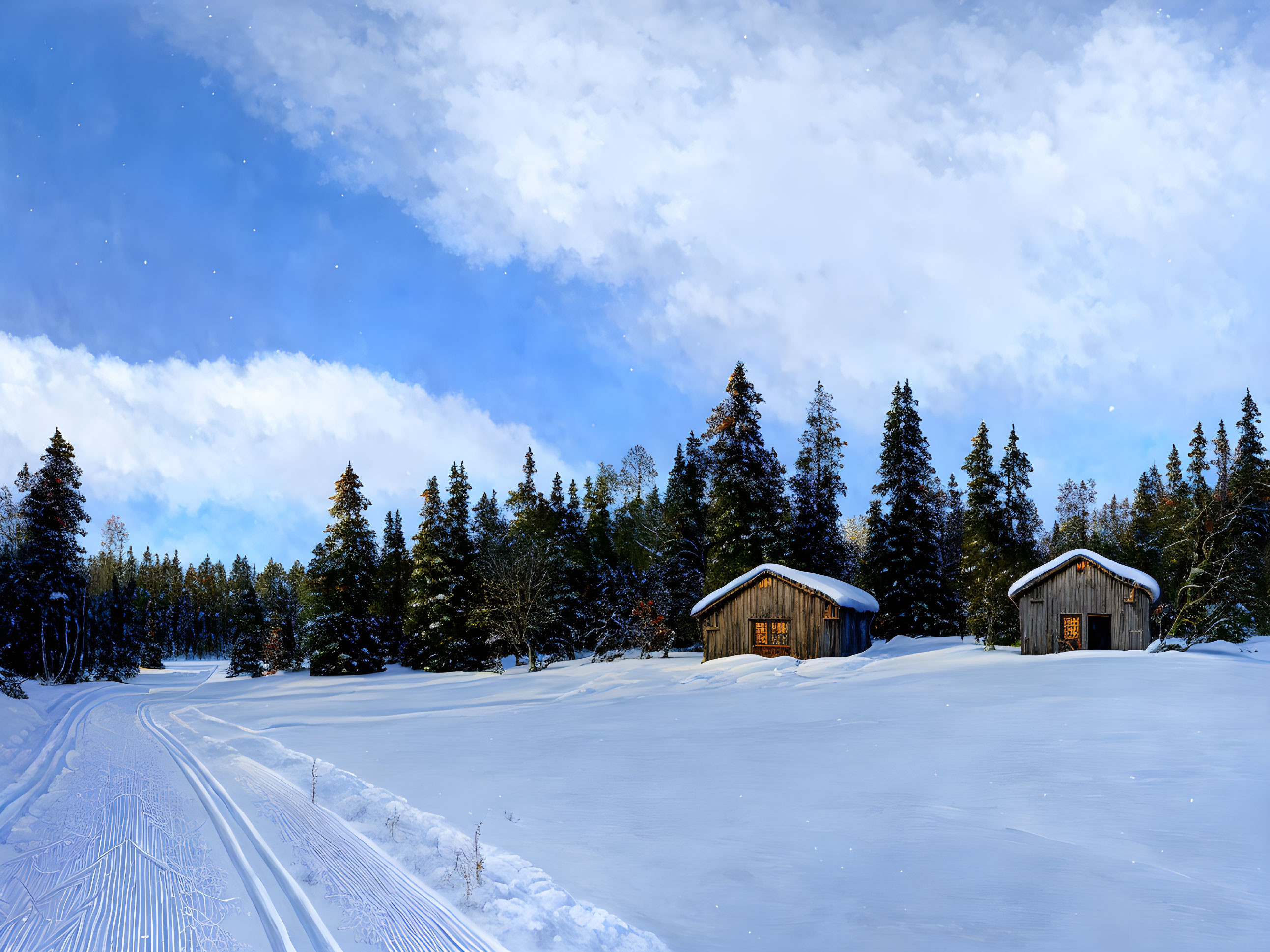 Snowy Landscape with Two Cabins in Pine Forest under Blue Sky