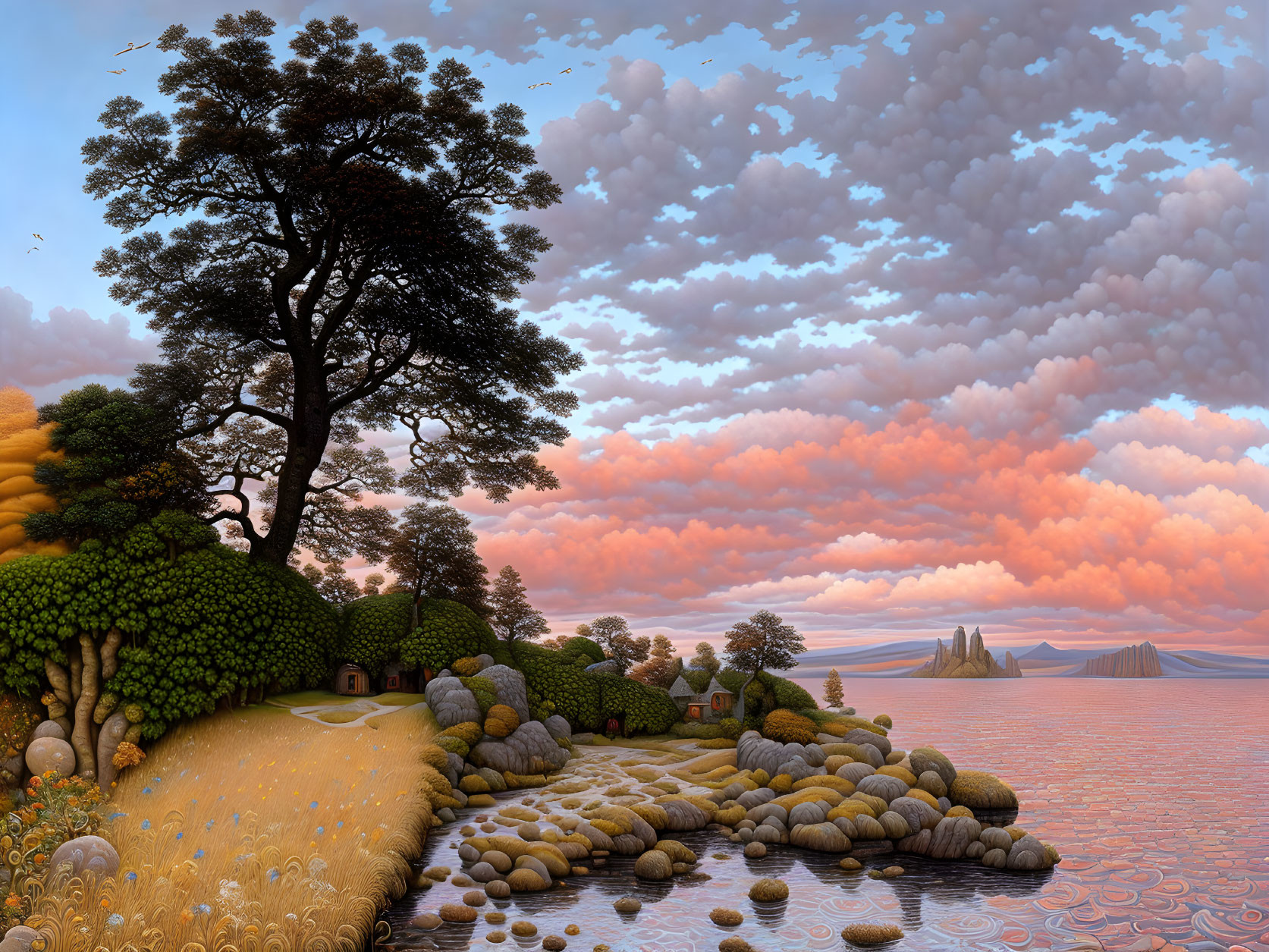 Tranquil landscape with tree, stone path, huts, fields, and sea stacks at sunset