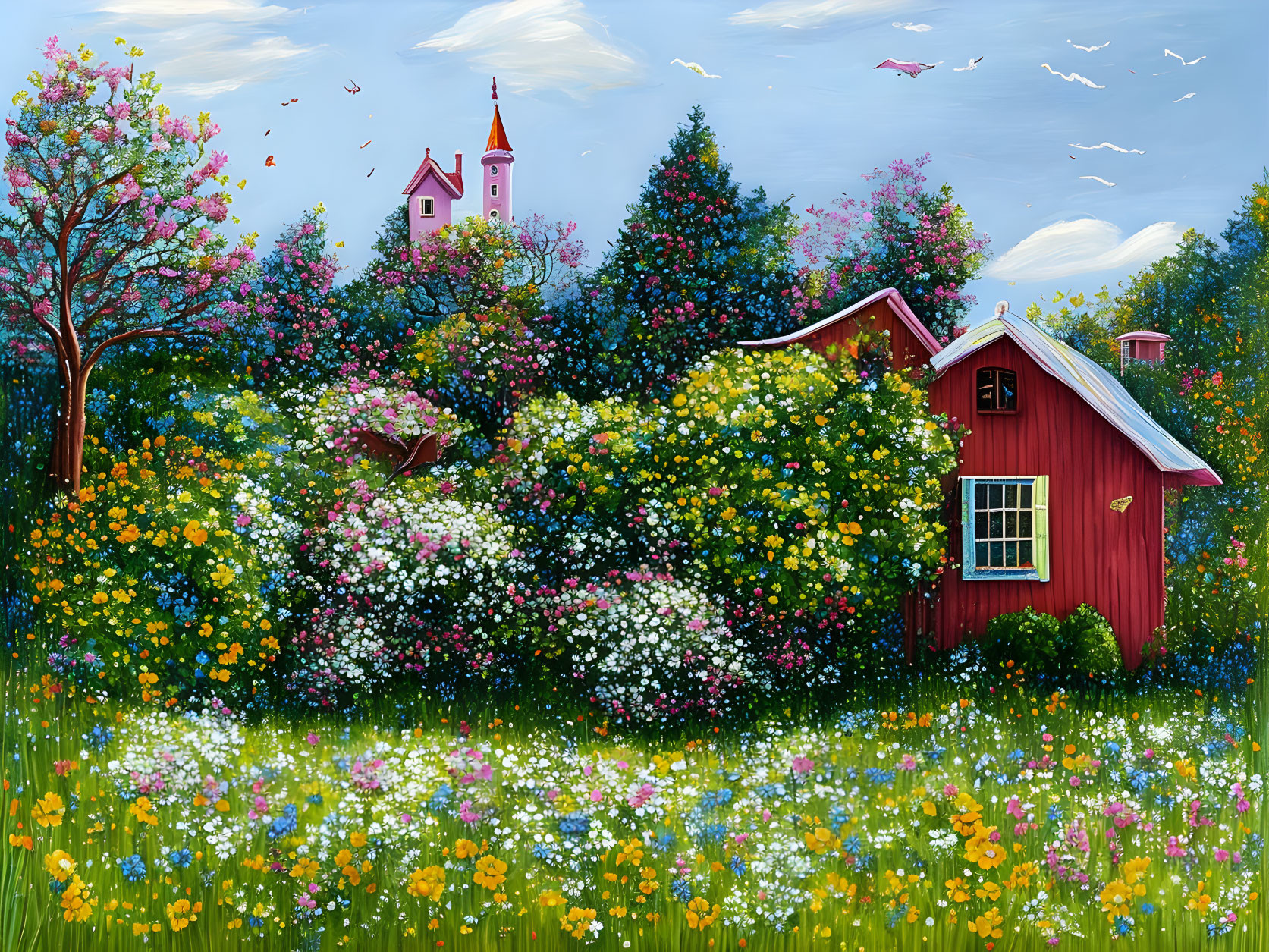 Red cottage in lush meadow with castle, trees, and birds on blue sky background