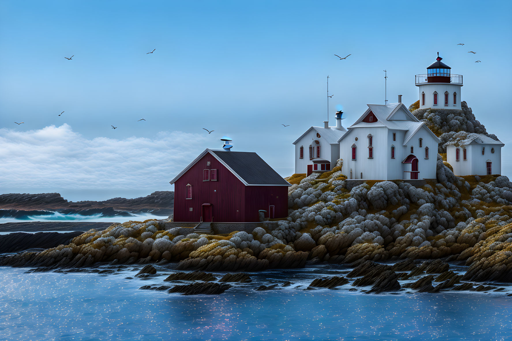 Coastal lighthouse on rugged cliffs under cloudy sky