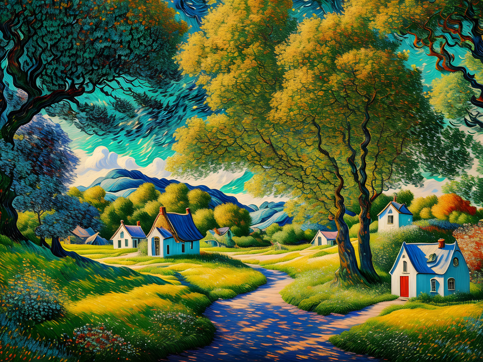 Colorful landscape painting of whimsical village with winding path