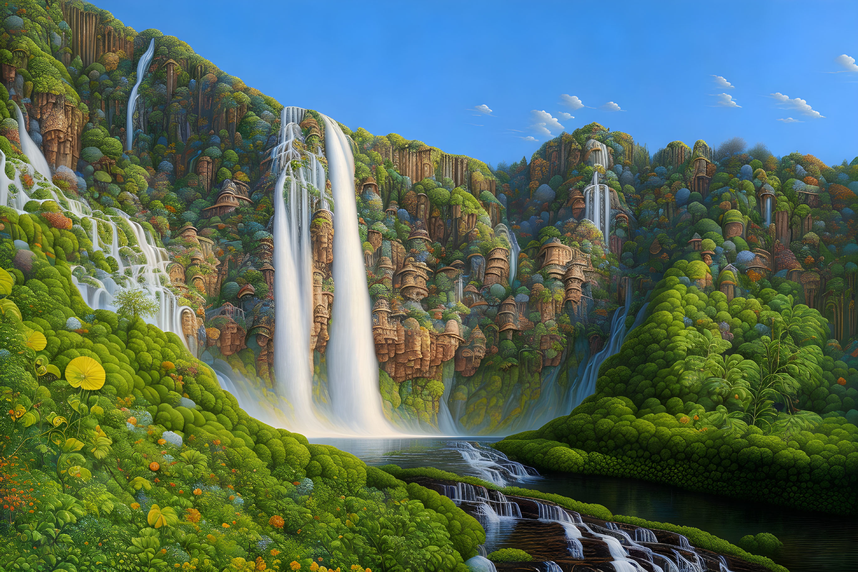 Fantastical landscape with lush greenery, waterfalls, cliffs & rock formations