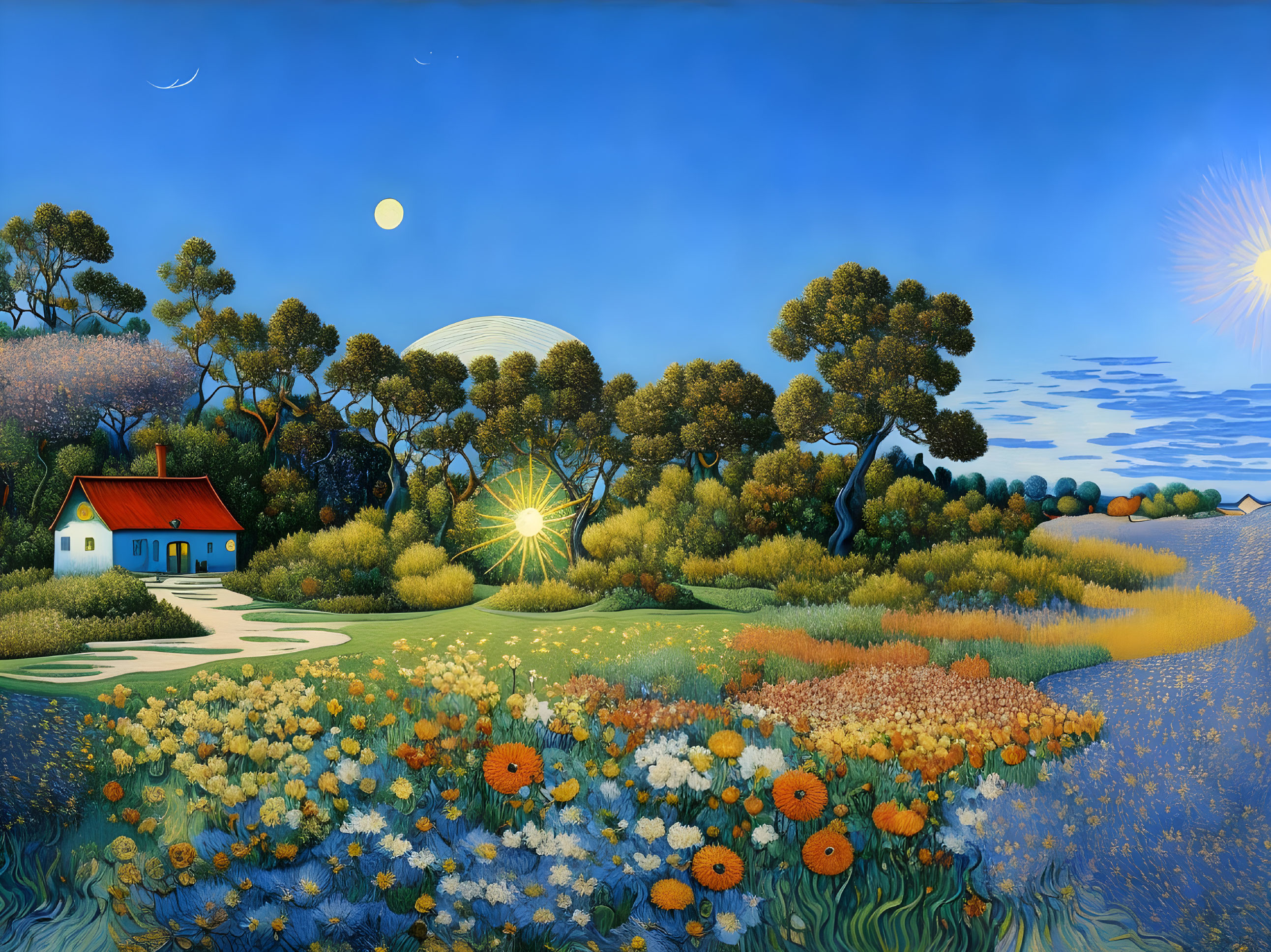 Colorful landscape painting with blue house, flowers, trees, sun, moon, and stars.