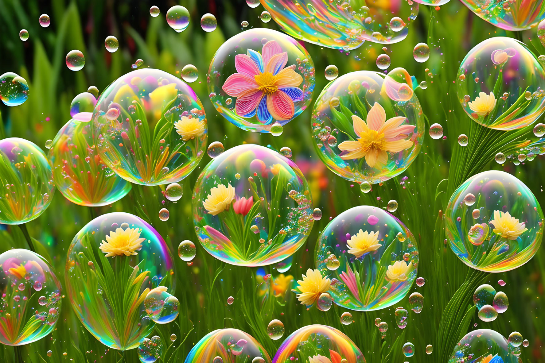 Vibrant flowers in transparent soap bubbles on green background