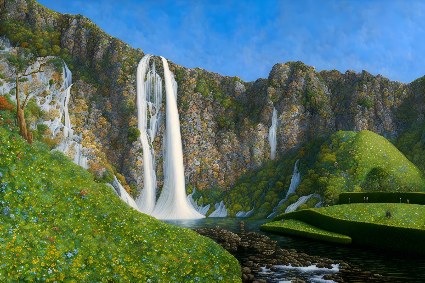 Majestic waterfall in serene landscape with lush greenery