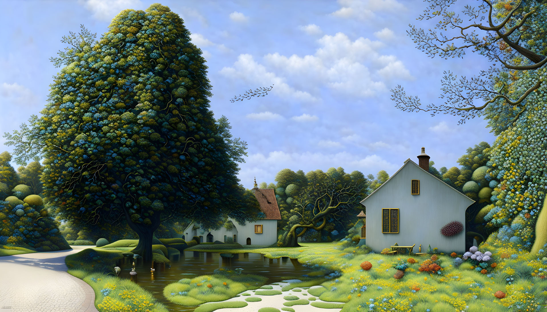 Whimsical landscape with white cottage, pond, lush trees, path, lily pads