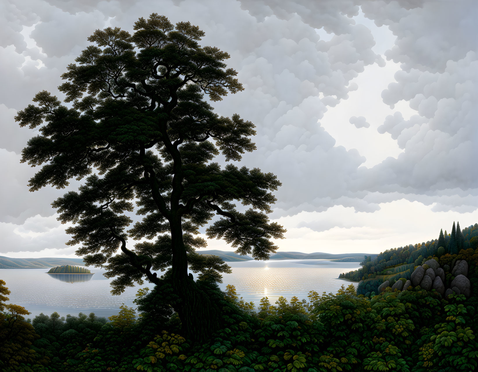 Majestic tree overlooking lake and hills under cloudy sky