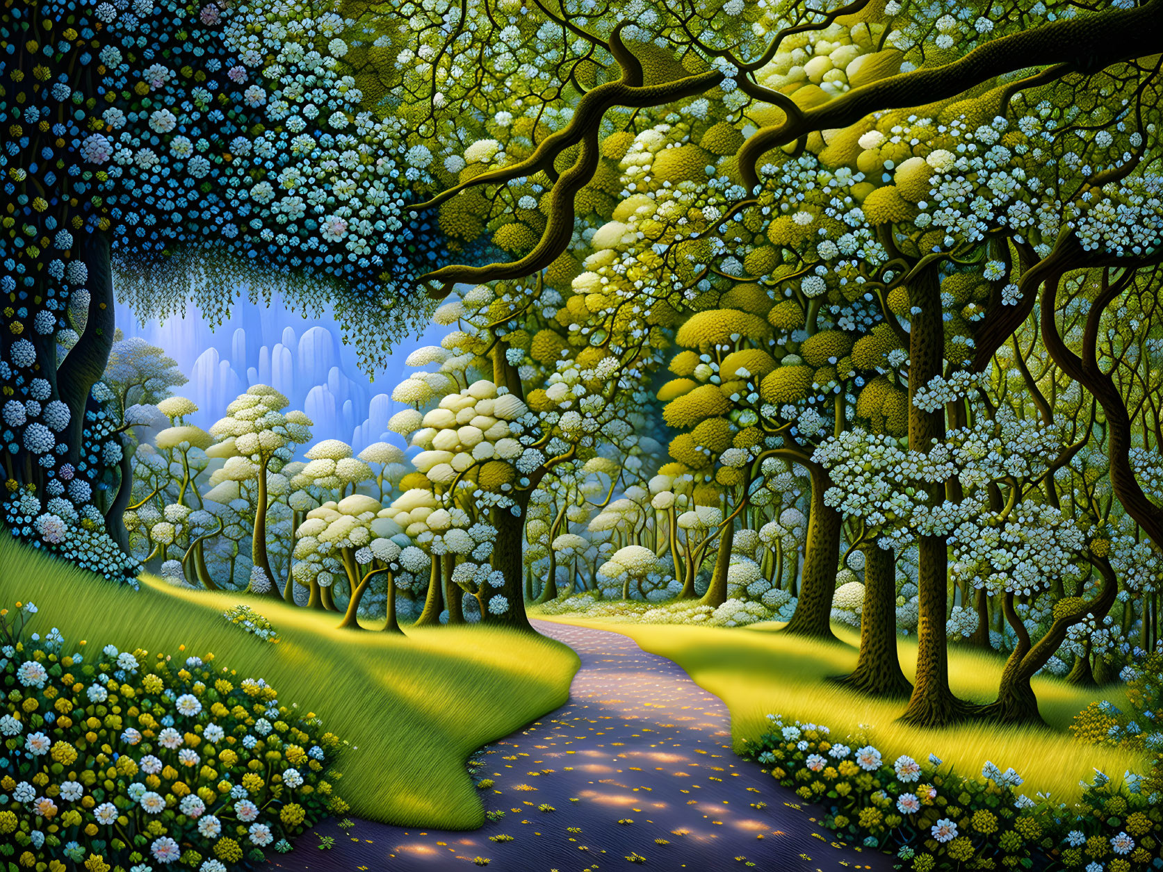 Vibrant green forest with whimsical trees and flower carpet under twilight sky