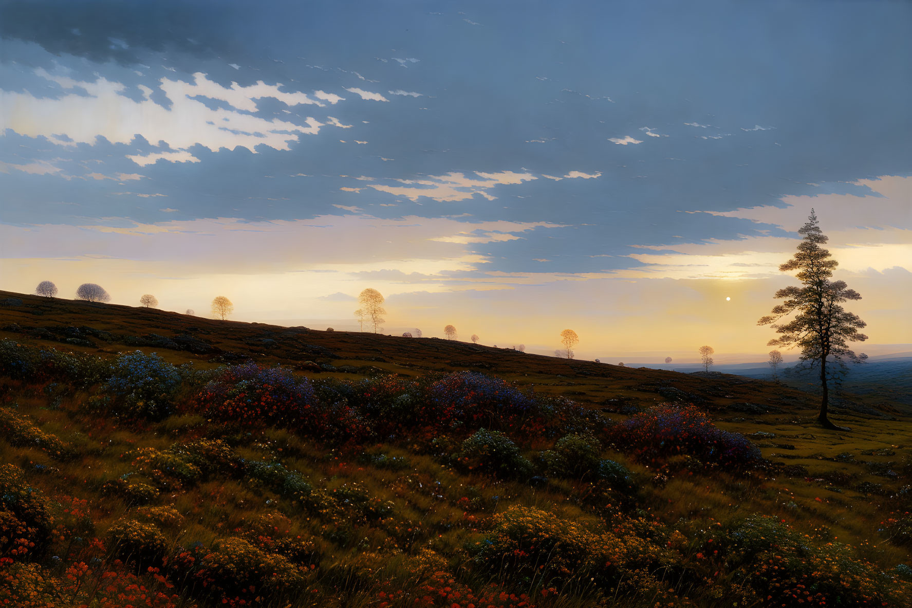 Tranquil sunset landscape with colorful wildflowers and rolling hills