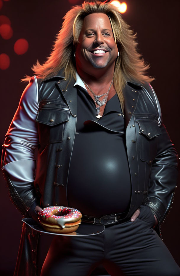 Blonde person in black leather outfit with doughnut on red background