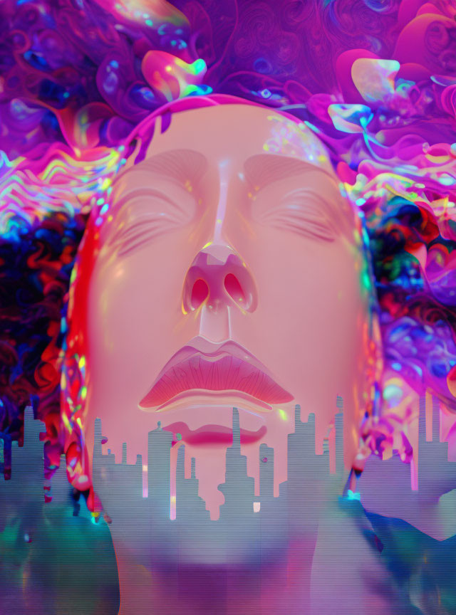 Surreal face blending into city skyline with swirling colors