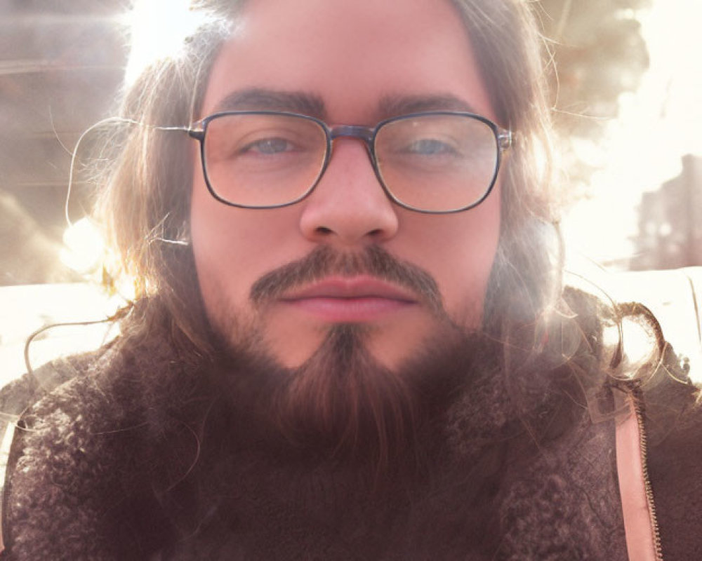 Man with Long Hair, Beard, and Glasses in Sunlight