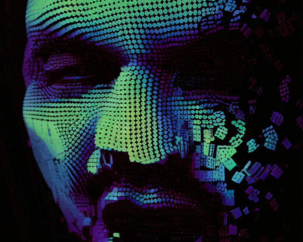 Abstract digital artwork: Human face disintegrating into cubes with dark blues and greens.