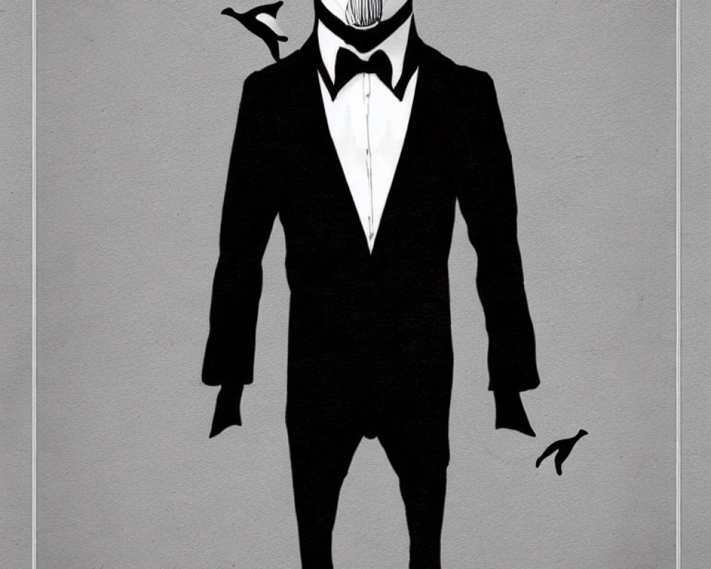 Surreal illustration: Figure in suit with bird-like mask, birds in flight, textured grey background