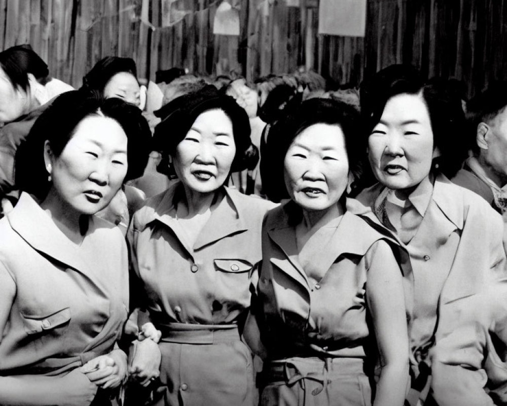 Group of women in matching outfits at social event captured in black and white.