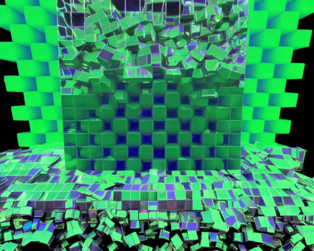 Colorful 3D digital art: Green cubes on fractured mirror effect