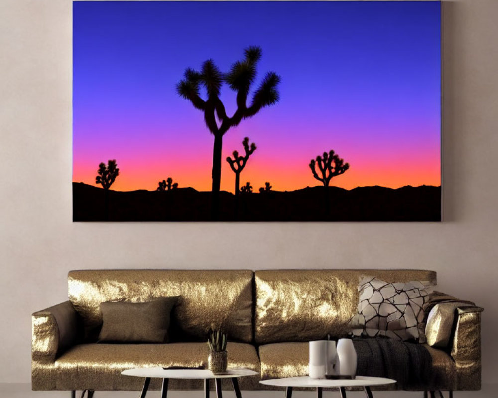 Desert Scene Canvas with Joshua Trees and Sunset Above Gold Sofa