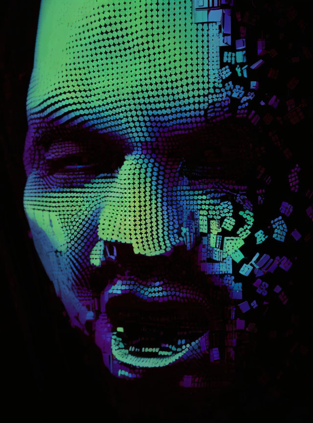 Abstract digital artwork: Human face disintegrating into cubes with dark blues and greens.