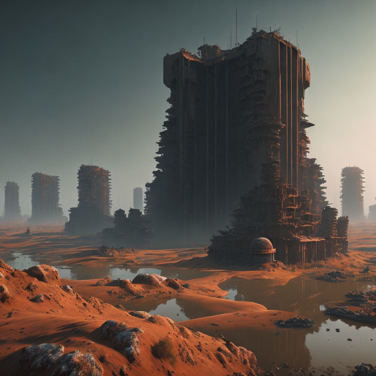 Dilapidated skyscrapers in futuristic dystopian desert landscape