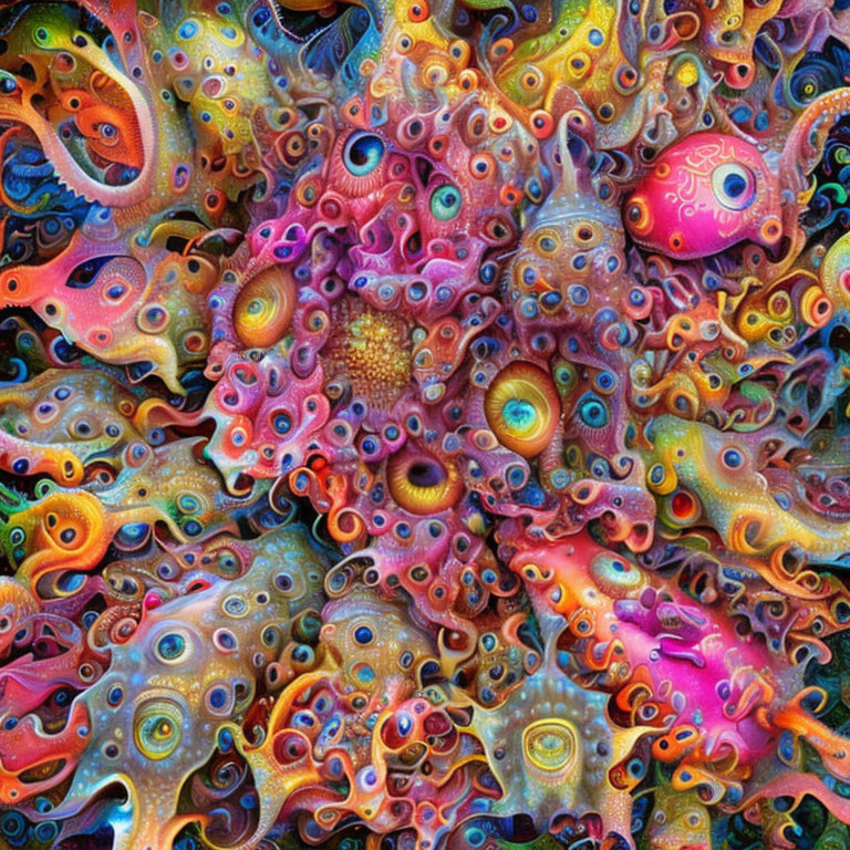 Colorful Abstract Image: Psychedelic Eye Patterns & Alien Sea Creatures