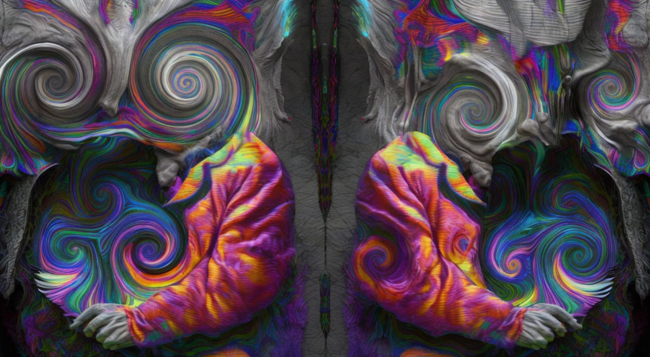 Psychedelic mirrored image with swirl patterns and colorful textures