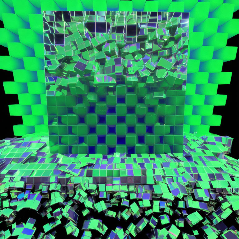 Colorful 3D digital art: Green cubes on fractured mirror effect