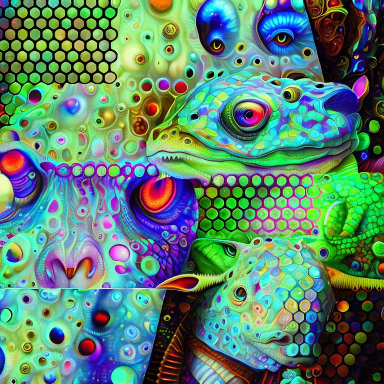 Colorful Abstract Digital Artwork with Reptilian and Psychedelic Elements