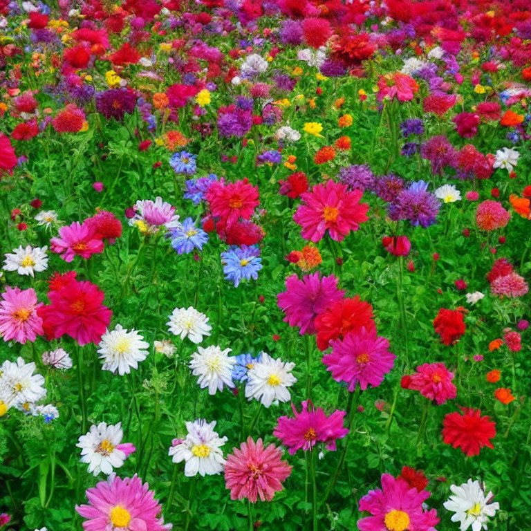 Colorful Flower Garden Bursting with Vibrant Reds, Pinks, Whites, Purples,
