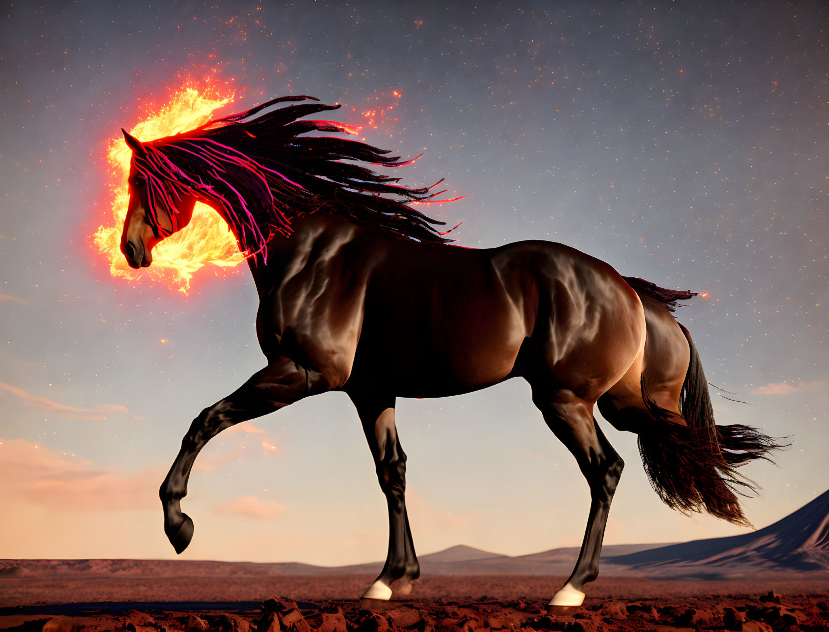 Dark horse with flaming mane and tail in twilight landscape