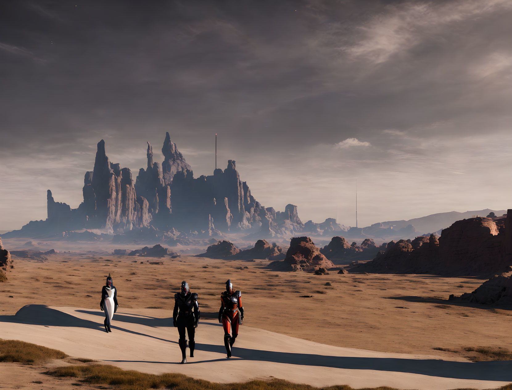 Three astronauts exploring sandy terrain with rocky formations under hazy sky