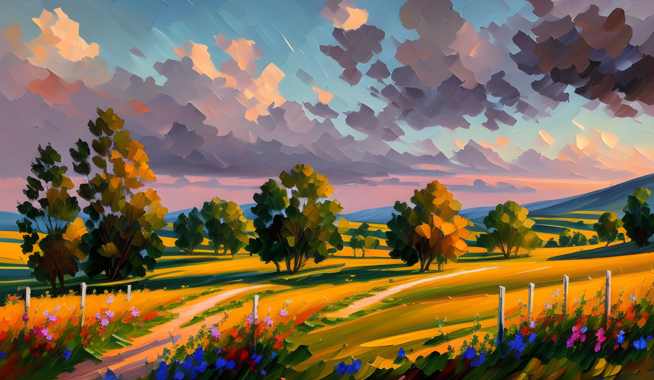 Colorful Landscape Painting: Sky, Clouds, Trees, Flowers, Winding Path