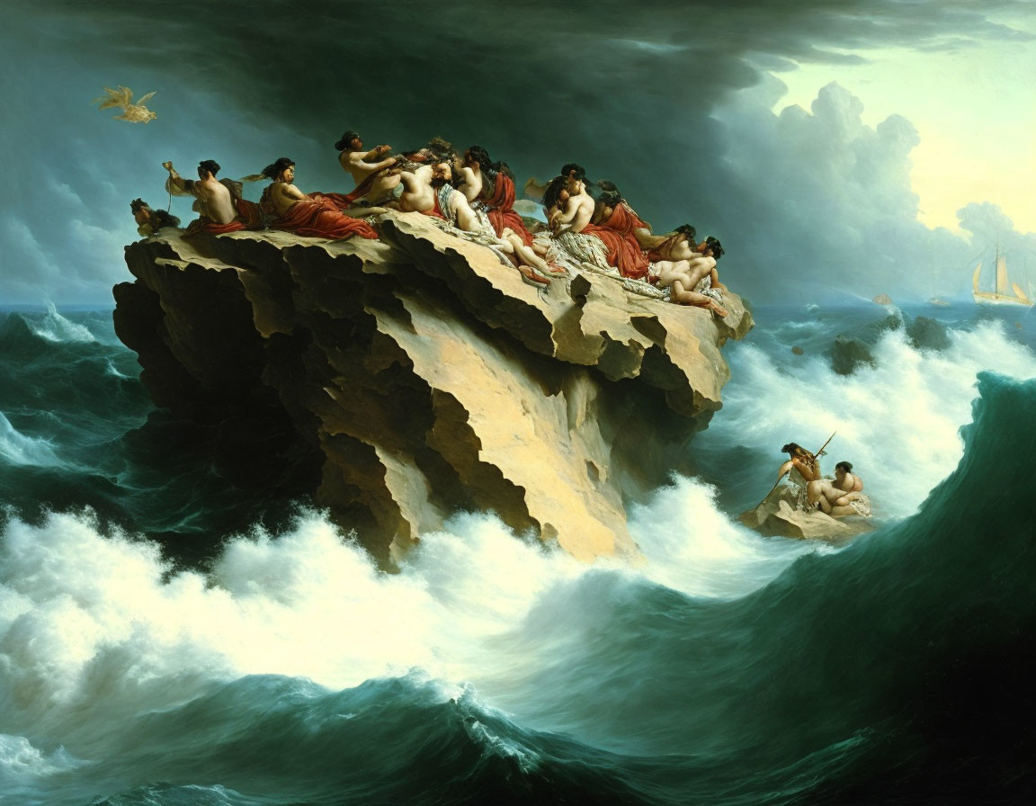 Stormy Seas Painting: Dramatic Shipwreck Scene on Rocky Outcrop