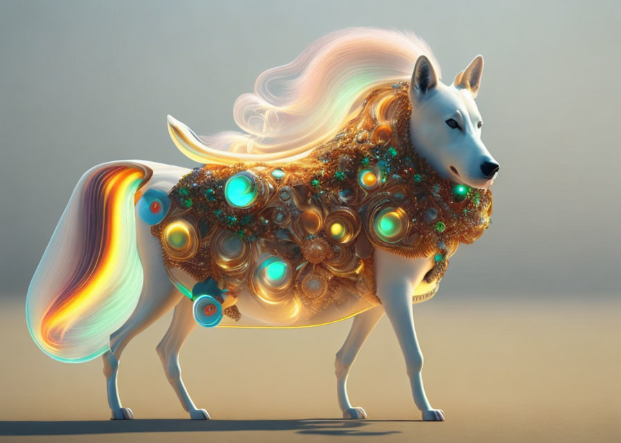 White Dog with Rainbow Mane and Golden Embellishments