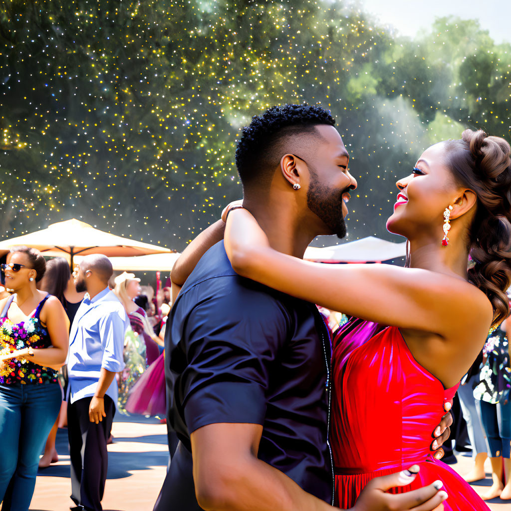 Couple dancing closely at outdoor event with sparkling lights