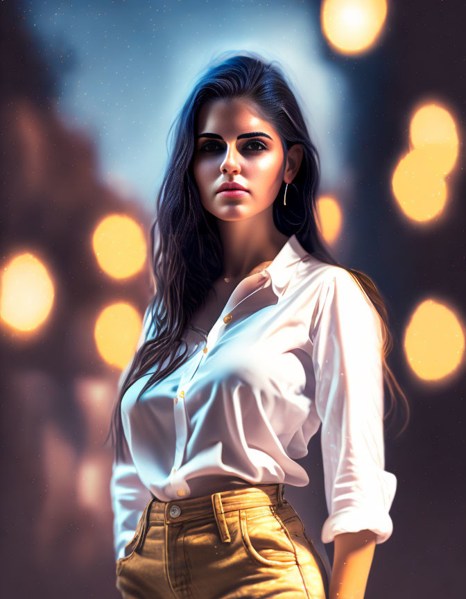 Dark-haired woman in white shirt and yellow pants stands confidently at twilight with blurry lights.