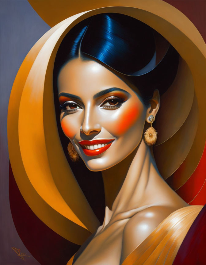 Portrait of Smiling Woman with Sleek Hair and Red Lips in Abstract Yellow Surroundings