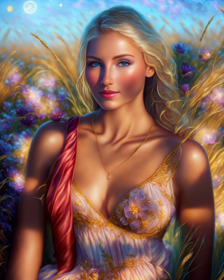 Blonde Woman in Golden Dress and Red Shawl in Flower Meadow