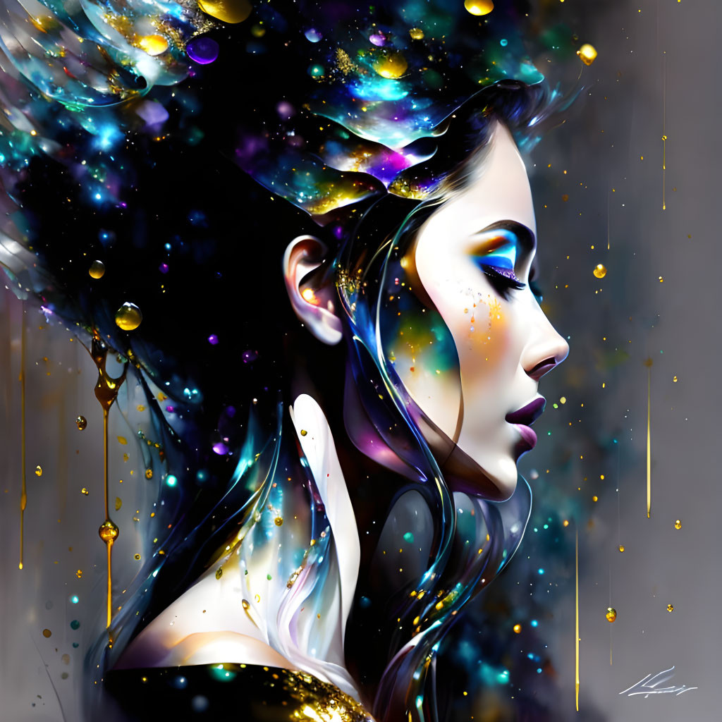 Cosmic-themed digital artwork of a woman with vibrant colors