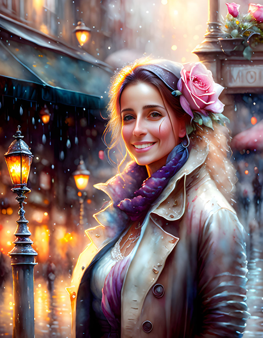 Smiling woman with rose in hair on snowy street with lantern and shop signs