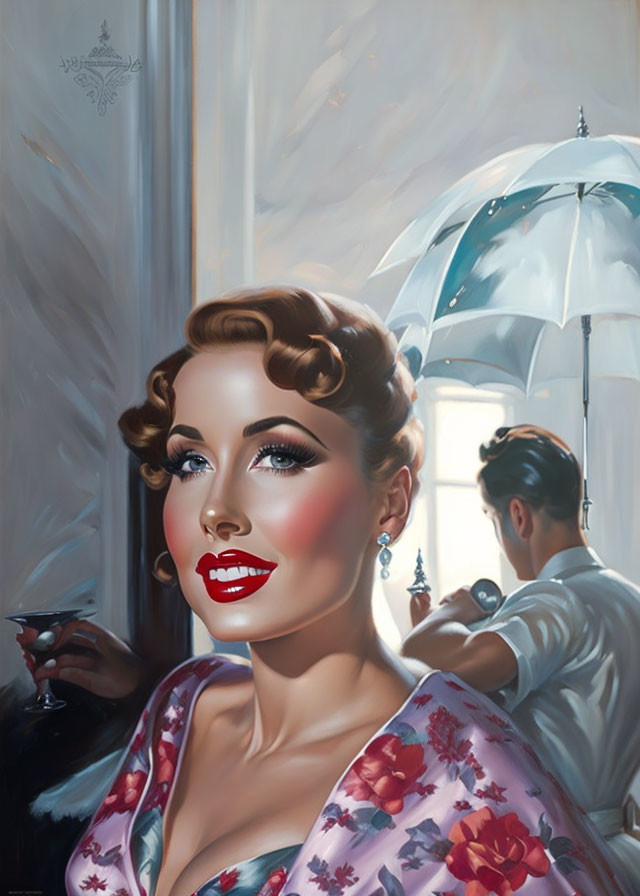 Vintage-inspired portrait of a woman with transparent umbrella and man's reflection.