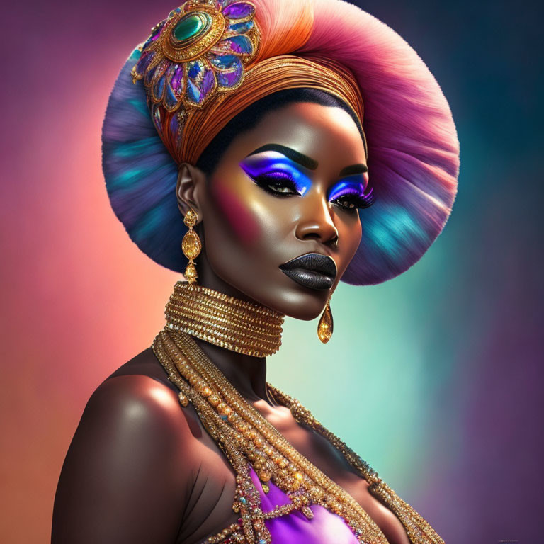 Digital art portrait of woman with peacock makeup, headpiece, gold jewelry, vibrant background, dramatic